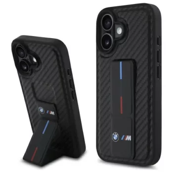   BMW case iPhone 16 6,1" BMHCP16SGSPCCK Hardcase M Grip Stand Smooth and Carbon tok, fekete