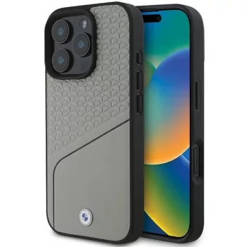   BMW case iPhone 16 Pro 6,3" BMHMP16L23RDCLG Hardcase Sign Leather Textutok, piros and Line MagSafe gray