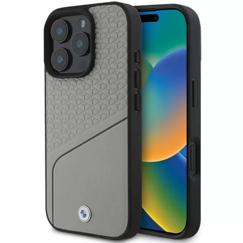 BMW case iPhone 16 Pro 6,3" BMHMP16L23RDCLG Hardcase Sign Leather Textutok, piros and Line MagSafe gray