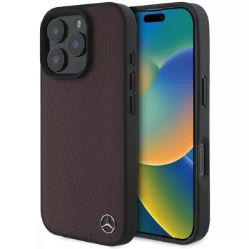   Mercedes MEHMP16L23RBGVR iPhone 16 Pro, 6.3" tok, piros hardcase MB Wood Imitation Leather MagSafe