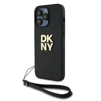   DKNY PU Leather Stack Logo Csuklóóraszíjos tok iPhone 14 Pro, fekete