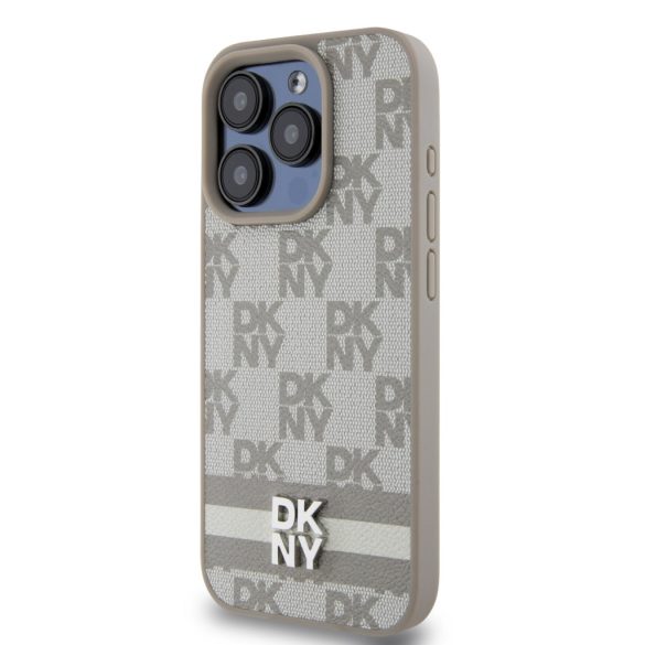 DKNY iPhone 14 Pro PU Leather Checkered Pattern and Stripe DKHCP14LPCPTSSE hátlap, tok, bézs