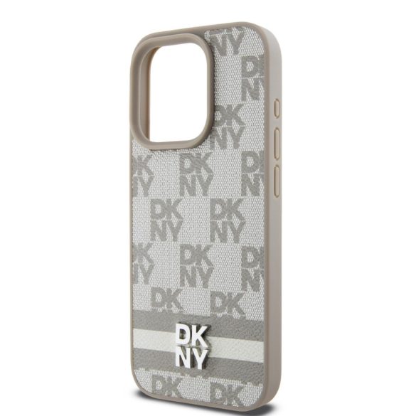 DKNY iPhone 14 Pro PU Leather Checkered Pattern and Stripe DKHCP14LPCPTSSE hátlap, tok, bézs