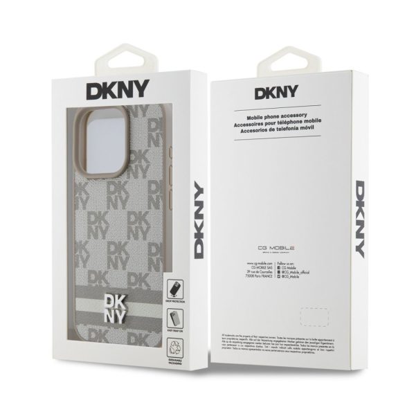 DKNY iPhone 14 Pro PU Leather Checkered Pattern and Stripe DKHCP14LPCPTSSE hátlap, tok, bézs