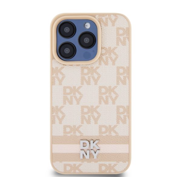 DKNY iPhone 14 Pro Leather Checkered Pattern and Stripe DKHCP14LPCPTSSP hátlap, tok, rózsaszín