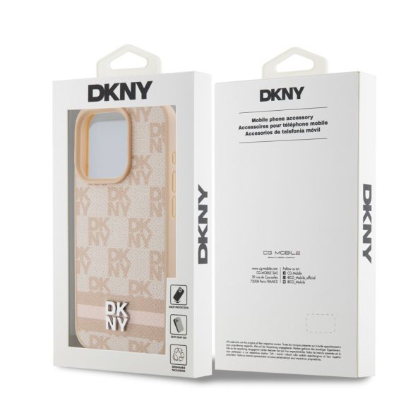 DKNY iPhone 14 Pro Leather Checkered Pattern and Stripe DKHCP14LPCPTSSP hátlap, tok, rózsaszín