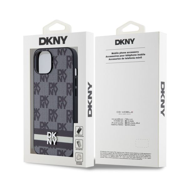 DKNY iPhone 14 PU Leather Checkered Pattern and Stripe DKHCP14SPCPTSSK hátlap, tok, fekete