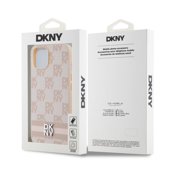 DKNY iPhone 14 PU Leather Checkered Pattern and Stripe DKHCP14SPCPTSSP hátlap, tok, rózsaszín