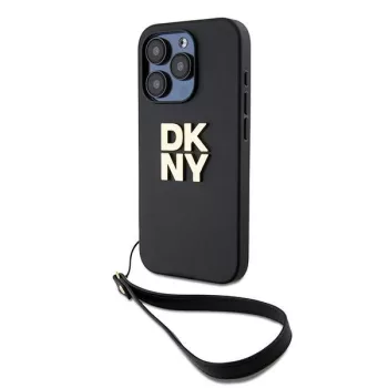   DKNY PU Leather Stack Logo Apple iPhone 15 Pro hátlap tok csuklószíjtal, fekete
