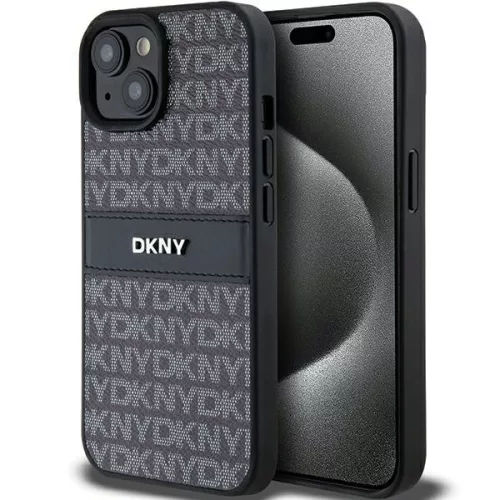 DKNY DKHCP15MPRTHSLK iPhone 15 Plus/14 Plus 6.7" hátlap, tok Leather Mono Stripe & Metal Logo, fekete