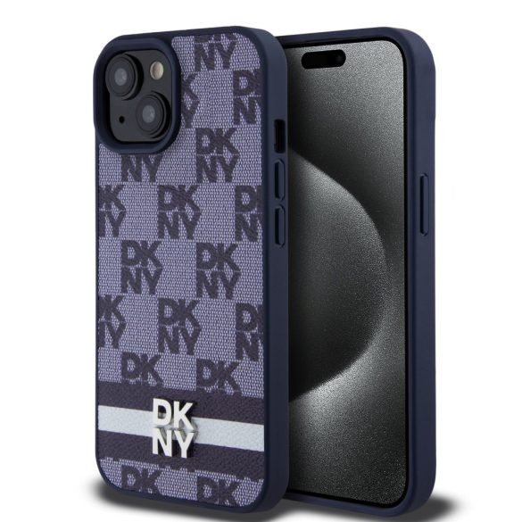 DKNY iPhone 15 PU Leather Checkered Pattern and Stripe DKHCP15SPCPTSSB hátlap, tok, sötétkék