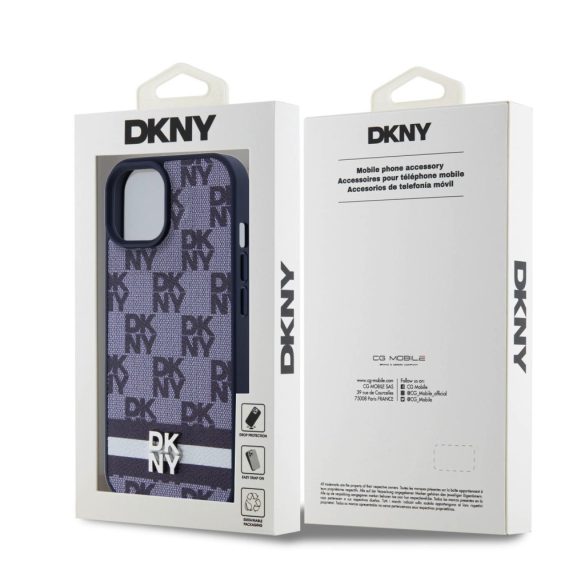 DKNY iPhone 15 PU Leather Checkered Pattern and Stripe DKHCP15SPCPTSSB hátlap, tok, sötétkék