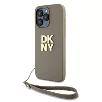   DKNY PU Leather Stack Logo Apple iPhone 15 Pro Max hátlap tok csuklószíjtal, bézs