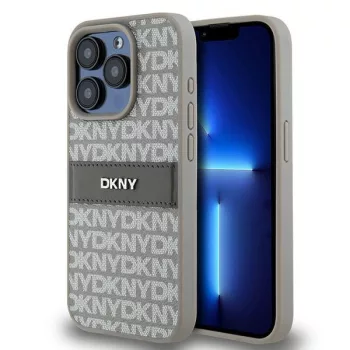   DKNY DKHCP15XPRTHSLE iPhone 15 Pro Max 6.7" hátlap, tok Leather Mono Stripe & Metal Logo, bézs