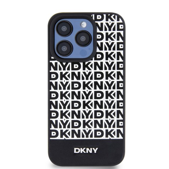 DKNY iPhone 12/12 Pro PU Leather Repeat Pattern Bottom Stripe MagSafe kompatibilis DKHMP12MPSOSPK, hátlap, tok, fekete