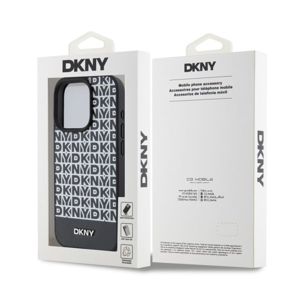 DKNY iPhone 12/12 Pro PU Leather Repeat Pattern Bottom Stripe MagSafe kompatibilis DKHMP12MPSOSPK, hátlap, tok, fekete