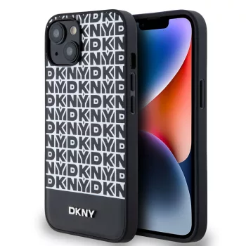   DKNY iPhone 13 PU Leather Repeat Pattern Bottom Stripe MagSafe DKHMP13MPSOSPK, hátlap, tok, fekete