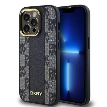   DKNY Leather Checkered Mono Pattern MagSafe iPhone 14 Pro Max 6.7", hátlap, tok, fekete
