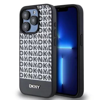  DKNY iPhone 15 Pro PU Leather Repeat Pattern Bottom Stripe MagSafe DKHMP15LPSOSPK, hátlap, tok, fekete