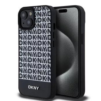   DKNY iPhone 15 PU Leather Repeat Pattern Bottom Stripe MagSafe DKHMP15SPSOSPK, hátlap, tok, fekete