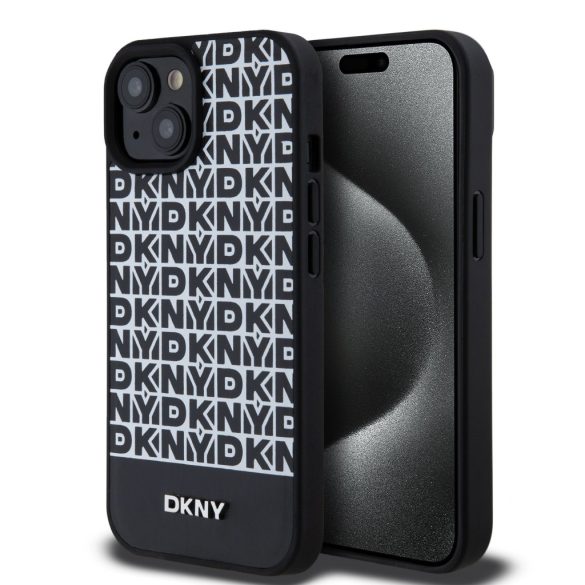 DKNY iPhone 15 PU Leather Repeat Pattern Bottom Stripe MagSafe kompatibilis DKHMP15SPSOSPK, hátlap, tok, fekete