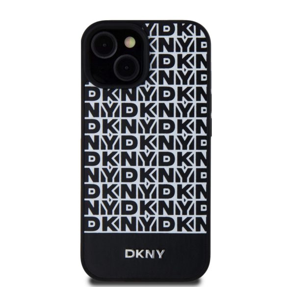 DKNY iPhone 15 PU Leather Repeat Pattern Bottom Stripe MagSafe kompatibilis DKHMP15SPSOSPK, hátlap, tok, fekete