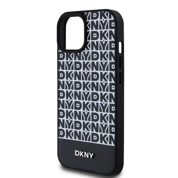 DKNY iPhone 15 PU Leather Repeat Pattern Bottom Stripe MagSafe kompatibilis DKHMP15SPSOSPK, hátlap, tok, fekete