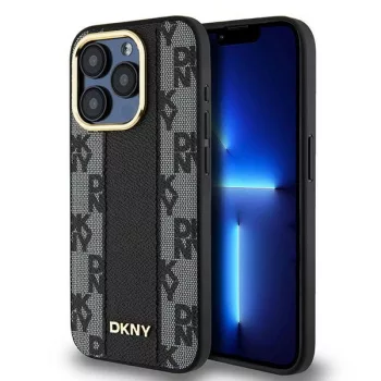   DKNY Leather Checkered Mono Pattern MagSafe iPhone 15 Pro Max 6.7", hátlap, tok, fekete