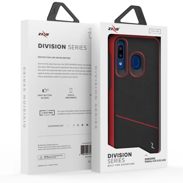Zizo Division Series Samsung Galaxy A20/A50 ütésálló hátlap, tok, fekete-piros