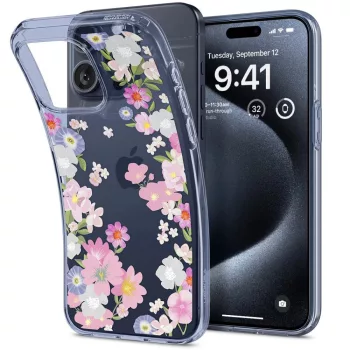   Spigen Liquid Crystal iPhone 15 Pro virágmintás szilikon hátlap tok, átlátszó