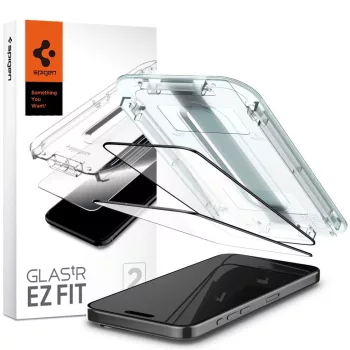   Spigen Glas.TR FC iPhone 15 Pro Max 6.7" "EZ FIT" 2 db edzett üvegfólia, fekete keret AGL06873