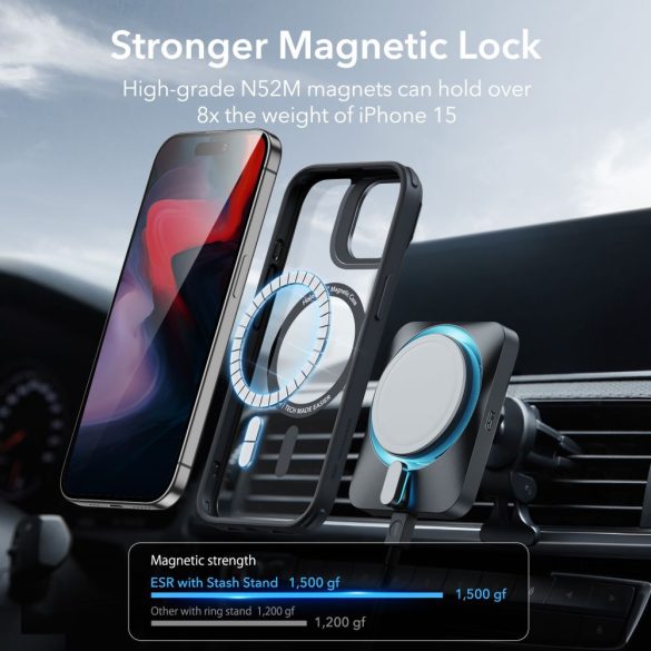 ESR Classic Kickstand Halolock Magsafe iPhone 15 Pro Max magsafe kompatibilis ütésálló hátlap, tok, fekete-átlátszó