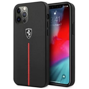   Ferrari FEOMSHCP12LBK Off Track Leather Nylon Stripe iPhone 12 Pro Max, hátlap, tok, fekete