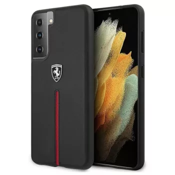   Ferrari FEOSIHCS21SBK Off Track Leather Nylon Stripe Samsung Galaxy S21 G991, hátlap, tok, fekete