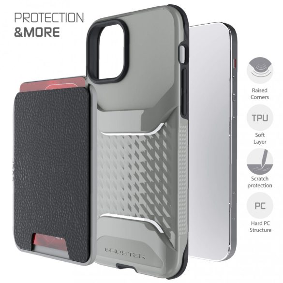 GHOSTEK iPhone 12 Pro Exec 4 Magnetic Wallet ütésálló hátlap tok, kártyatartóval, szürke