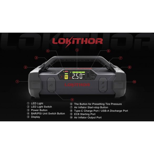 Lokithor Genc Ace GRPJST002 Powerbank és autós gyorsindító, kompresszor, USB, 20000 mAh, 2000A, fekete