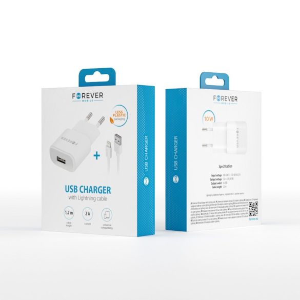 Forever TC-01 hálózati töltő adapter, 1 USB-A, 2A + iPhone lightning kábel, fehér