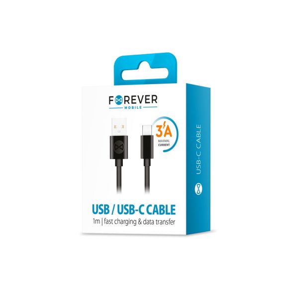Forever USB/USB-C töltő és adatkábel, gyorstöltés funkció, 3A, 1m, fekete