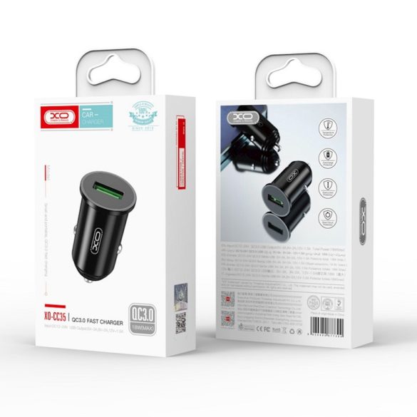 XO CC35 Car Charger autós QC szivargyújtó töltő, gyorstöltő,USB-A, 3A, 18W, fekete