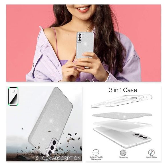 Glitter 3in1 Case Samsung Galaxy S21 FE hátlap, tok, ezüst
