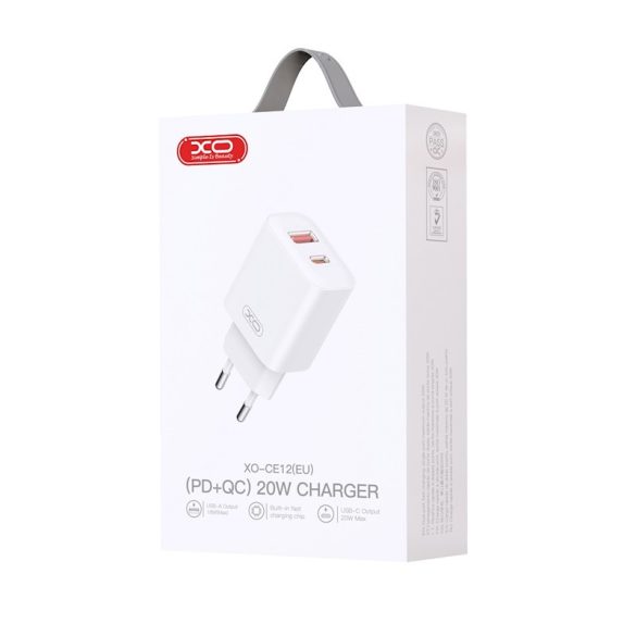 XO CE12 Wall Charger hálózati töltő adapter, gyorstöltő, PD QC 3.0, 20W, USB-A/USB-C, 3A, fehér