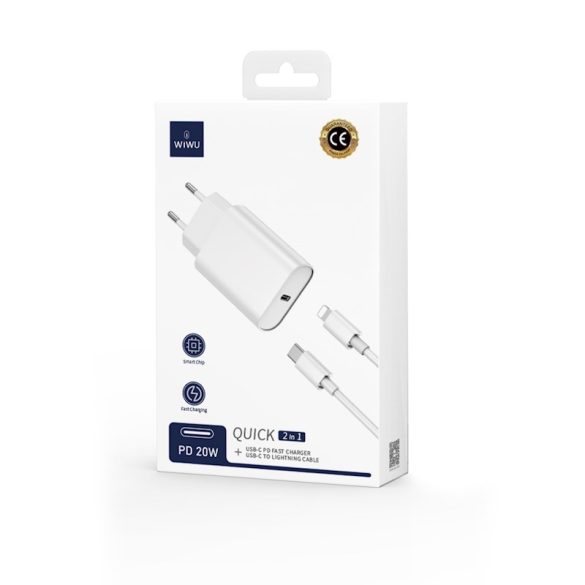 WIWU Wi-U001 Wall Charger hálózati töltő adapter, gyorstöltő, PD 20W, USB-C,  USB-C/Lightning kábellel, 3A, fehér