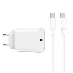   WIWU Wi-U001 Wall Charger hálózati töltő adapter, gyorstöltő, PD 20W, USB-C,  USB-C/USB-C kábellel, 3A, fehér