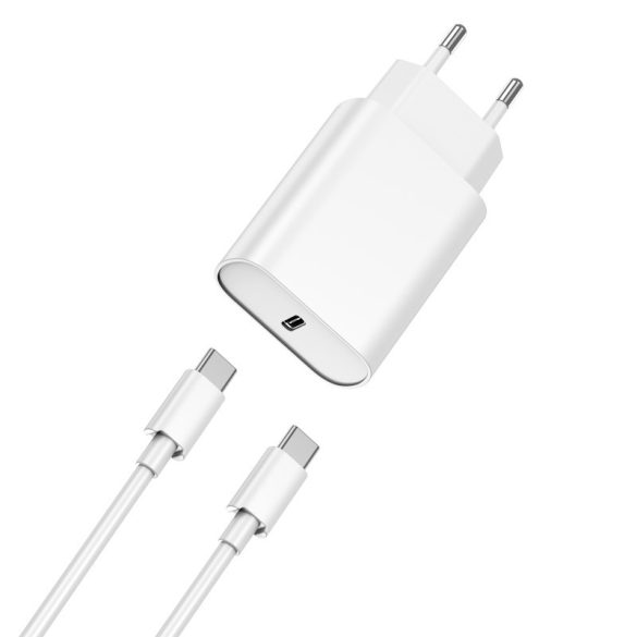 WIWU Wi-U001 Wall Charger hálózati töltő adapter, gyorstöltő, PD 20W, USB-C,  USB-C/USB-C kábellel, 3A, fehér