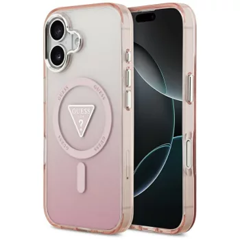   Guess Case Magsafe IML Gradient Case Print Triangle Logo & tok, szürke Metal Camera Buttons iPhone 17 tok, rózsaszín