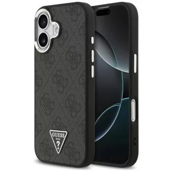   Guess Case Magsafe 4G PU Leather Case Triangle Logo And tok, szürke Metal Camera Frame iPhone 17 tok, fekete