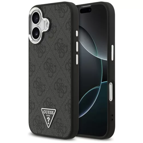 Guess Case Magsafe 4G PU Leather Case Triangle Logo And tok, szürke Metal Camera Frame iPhone 17 tok, fekete
