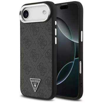   Guess Case Magsafe 4G PU Leather Case Triangle Logo And tok, szürke Metal Camera Frame iPhone 17 Air tok, fekete