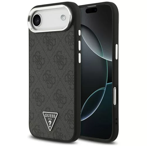 Guess Case Magsafe 4G PU Leather Case Triangle Logo And tok, szürke Metal Camera Frame iPhone 17 Air tok, fekete