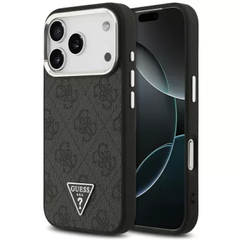   Guess Case Magsafe 4G PU Leather Case Triangle Logo And tok, szürke Metal Camera Frame iPhone 17 Pro tok, fekete